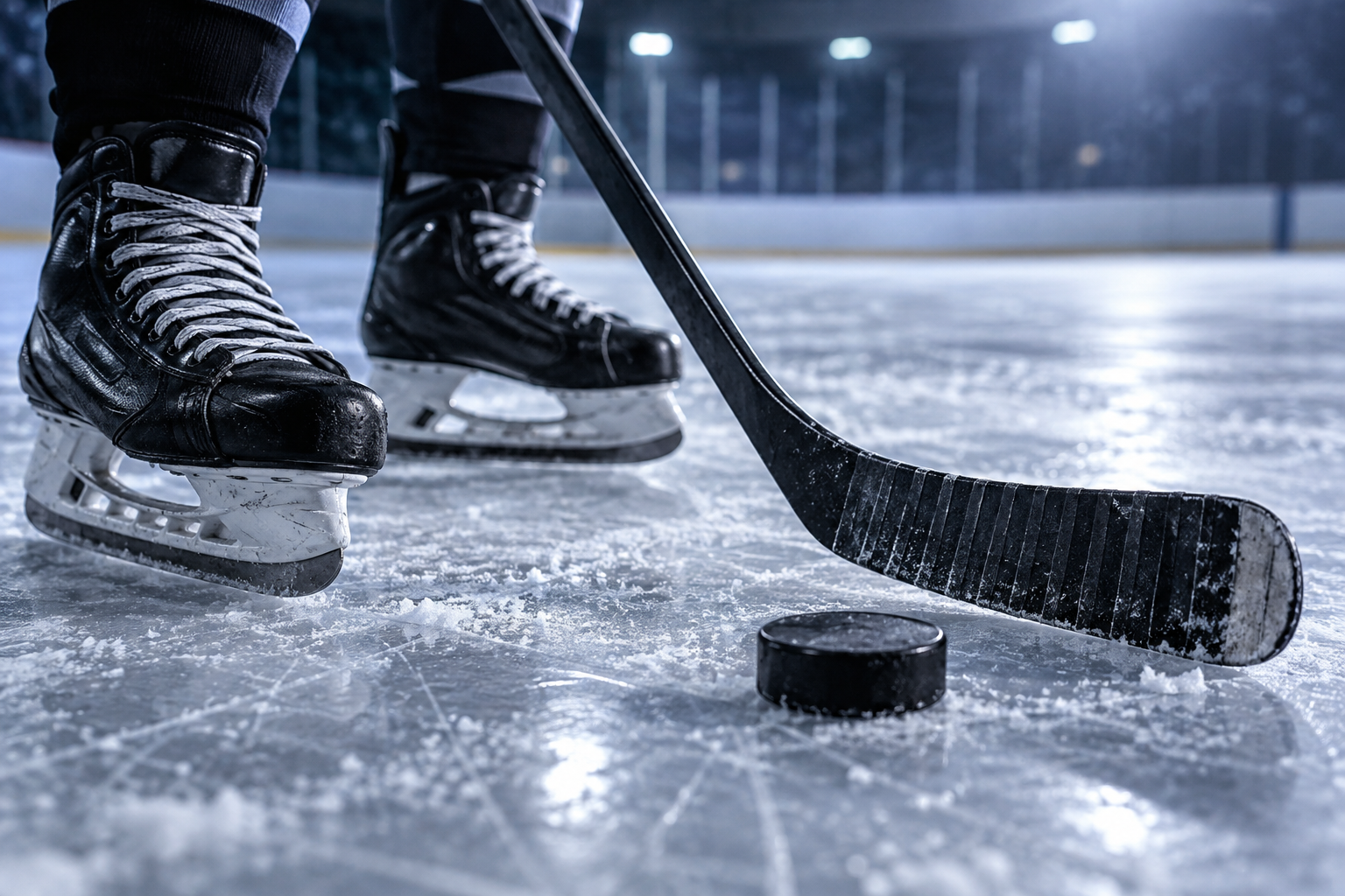 Hockey skates, a stick and puck on rink ice